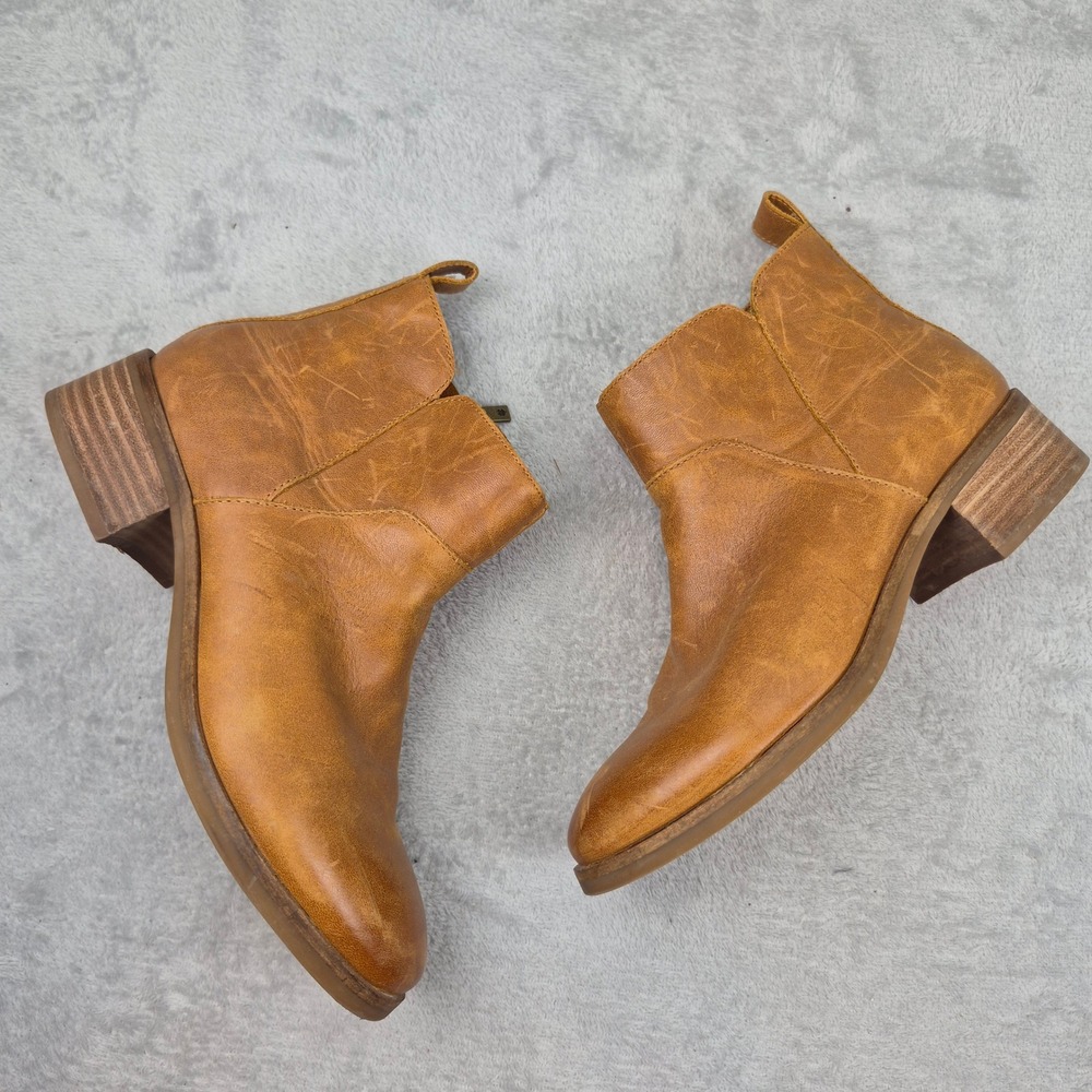 Lucky Brand Prenma Brown Leather Ankle Boots Block Heel Side Zip LP-PRENMA 7.5M